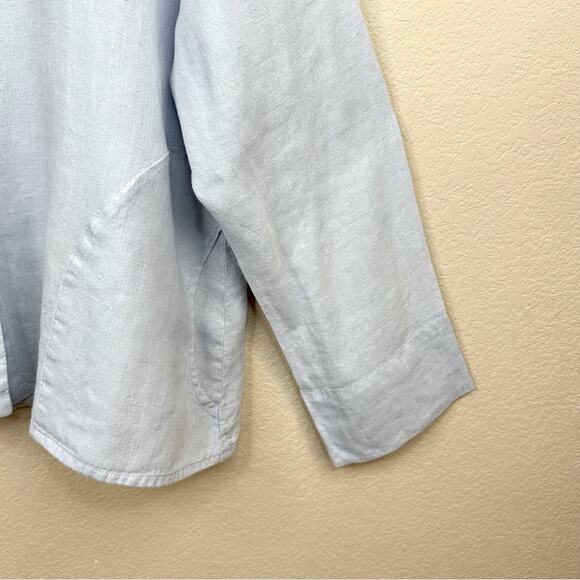 FLAX 100% Linen Light Blue Over Size Button Crew Neck Long Sleeve Pockets Sz L - Picture 5 of 14